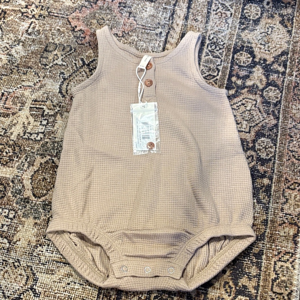 Quincy Mae Neutral Waffle Knit One-Piece Romper in Beige